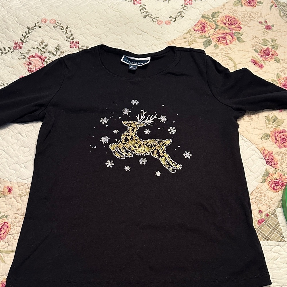 Karen Scott Black Long Sleeve with Gold Reindeer